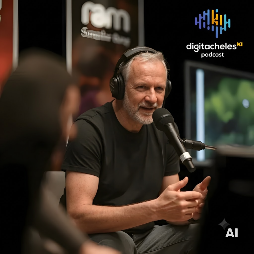 Ekkehard Schmider mit Kopfhörern und Bart spricht im Podcast-Studio in ein Mikrofon und gestikuliert dabei mit den Händen.