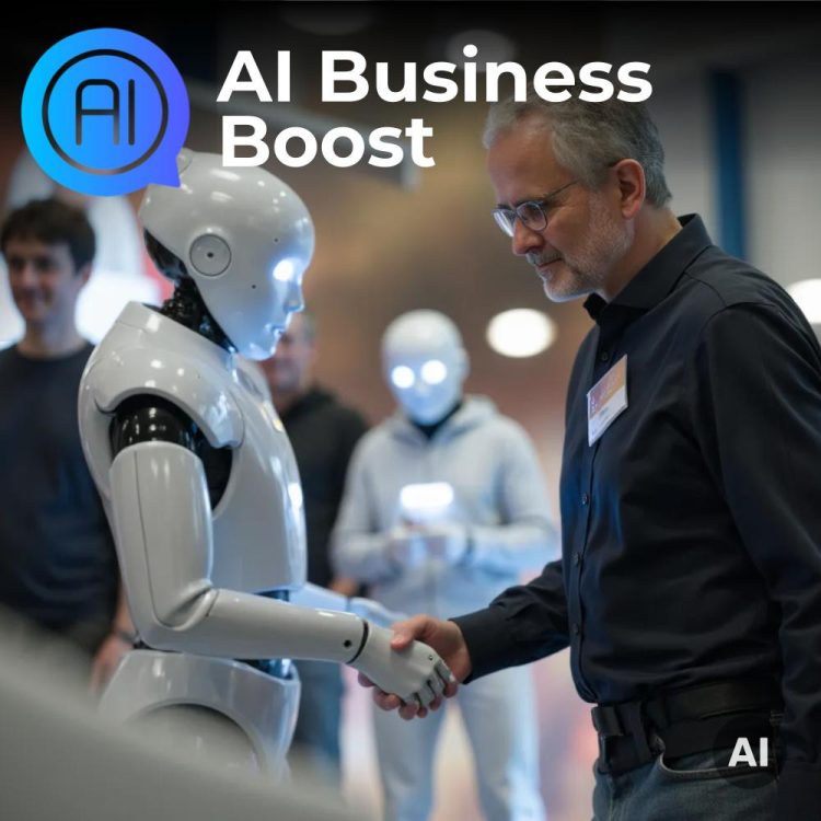 Ekkehard Schmider im schwarzen Hemd schüttelt einem weißen humanoiden Roboter die Hand auf einer KI-Messe, im Hintergrund weitere Besucher und Roboter.