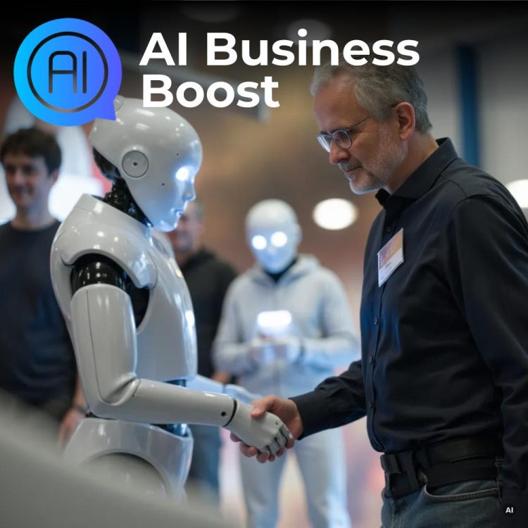 Ekkehard Schmider im schwarzen Hemd schüttelt einem weißen humanoiden Roboter die Hand auf einer KI-Messe, im Hintergrund weitere Besucher und Roboter.